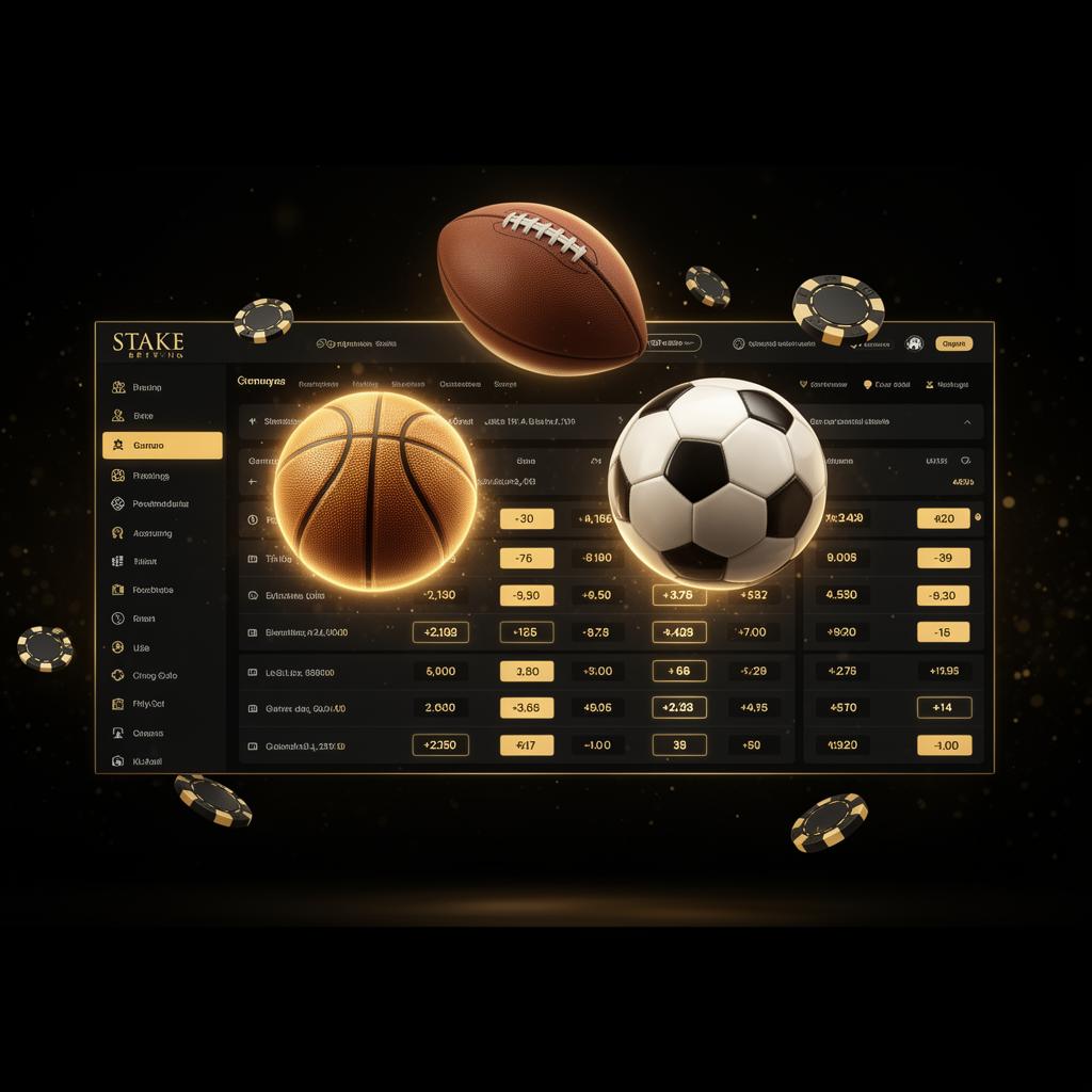 Premium Stake.com style sports betting dashboard with casino chips and balls